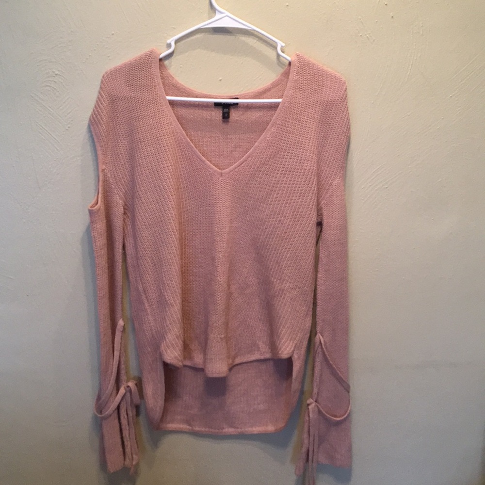 Pink Express cold shoulder tie sleeve sweater